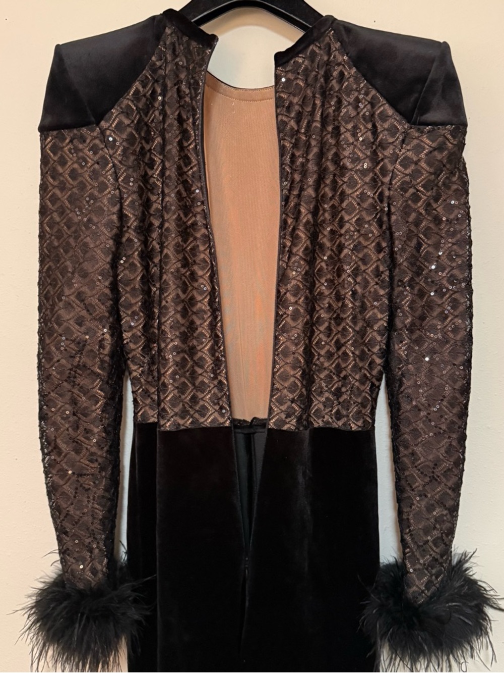 Nadine Merabi Mixed Media Black Monique Velvet Sequin Glitter Feather Jumpsuit - Picture 8 of 9